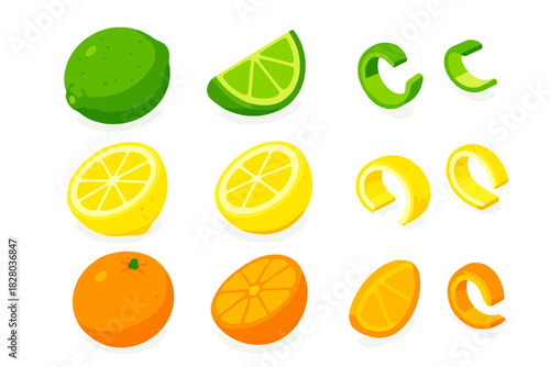 Tropical Citrus Fruits. Isometric vector illustration set Tropical fruits – lime whole, lime wedge, lime zest; lemon half, lemon