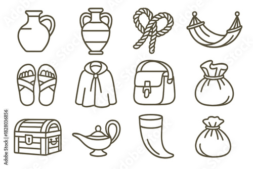 Sailor's Life Icons. Line style icons of sailors’ life: clay jug, amphora, rope knot, hammock; sandals, cloak, satchel, travel