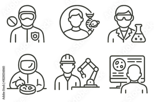 Astrobiology Role Icons. Line style icons of human roles in astrobiology: planetary protection officer, space biologist badge,