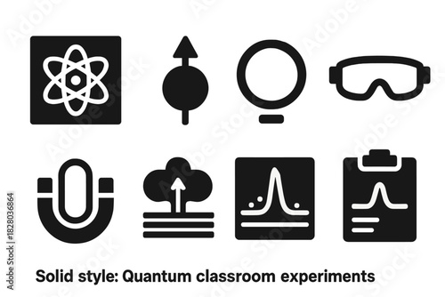 Quantum Experiment Icons. Solid style icons of quantum classroom experiments: atom in box icon, spin demonstration glyph,