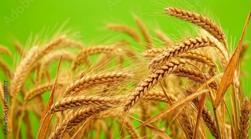 Golden ripe wheat ears swaying on green background showcasing natural agriculture harvest and organic grain  

