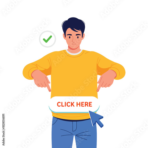 Man pointing down to a clickable button with text click here 