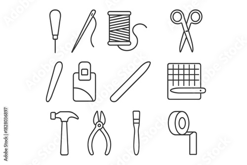Binding Tools Icons. Line style icons of binding tools: awl, needle, waxed thread, scissors; bone folder, corner punch, paper