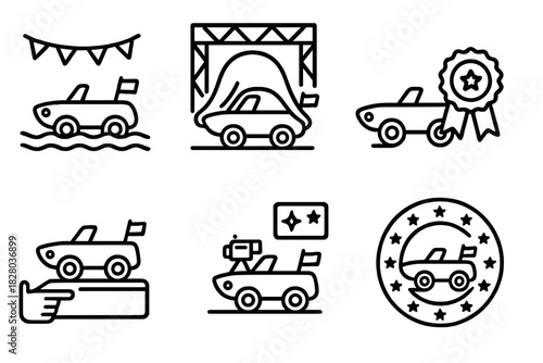 Amphibious Car Icons. Line style icons of amphibious car at events and shows: car show on water, tech expo float reveal,