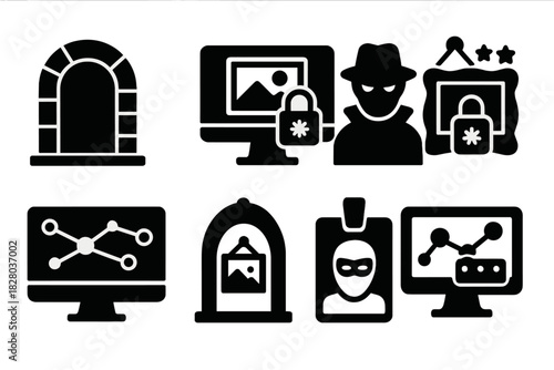 Dark Web Art. Solid style icons of dark web art galleries: hidden gallery entrance, encrypted artwork screen, anonymous curator