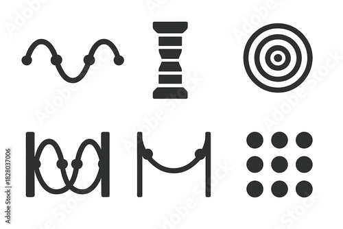 Standing Wave Icons. Solid style icons of standing wave formations: sine wave with nodes icon, pressure peaks in column, vibration