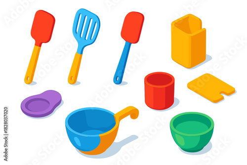 Colorful Baking Tools. Isometric vector illustration set Baking tools – silicone spatula, fish spatula, heat-resistant spatula;