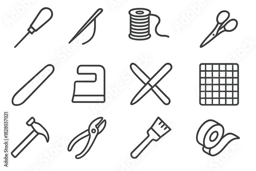 Binding Tools Icons. Line style icons of binding tools: awl, needle, waxed thread, scissors; bone folder, corner punch, paper