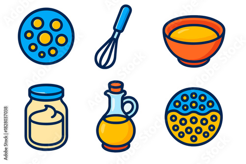Emulsion Tools Icons. Isometric vector illustration set Emulsion Theory: oil droplets, whisk tool, mixing bowl, mayonnaise jar,