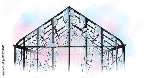 broken greenhouse illustration with cracked glass panes, for environmental blogs, climate change articles, architectural design