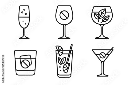 Zero-Alcohol Line Icons. Line style icons of zero-alcohol wine and cocktails: sparkling wine flute, non-alcoholic rosé glass,