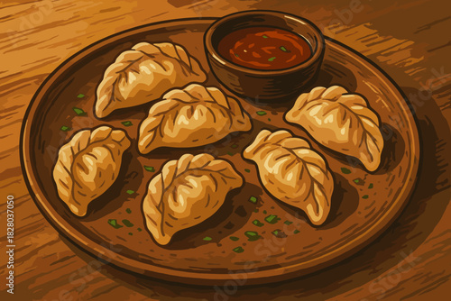 Dumplings Delight. Freshly made vector illustration dumplings served on a rustic plate with dipping sauce, warm natural lighting,