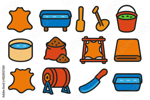 Leather Tanning Icons. Flat vector icons of tanning processes: raw hide, soaking vat, wooden paddle, lime solution bucket, tanning