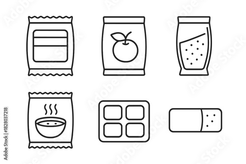 Space Food Icons. Line style icons of space food types: vacuum-sealed meal pack, freeze-dried fruit bag, powdered drink pouch,