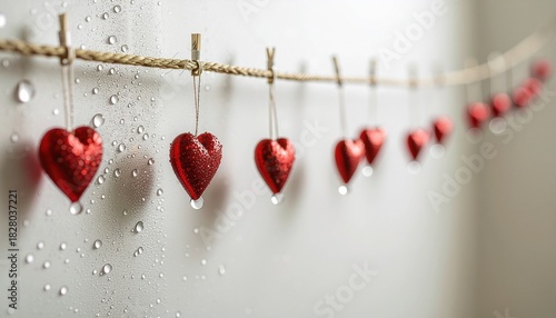 白い壁に吊るされた赤いハートの装飾ガーランド  
Red heart garland hanging against white wall
