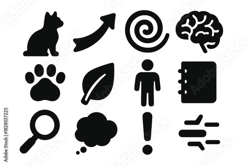 Adaptive Behavior Icons. Solid style icons of adaptive behavior and decision-making: animal silhouette, arrow, spiral, brain, paw