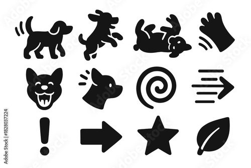Playful Behaviors Icons. Solid style icons of playful behaviors and signals: wagging tail, jumping, rolling, paw swipe, open mouth