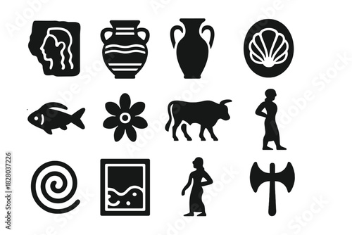 Minoan Art Icons. Solid style icons of Minoan Art: Fresco Fragment, Pottery, Vase, Shell Pattern, Fish, Flower, Animal, Bird,