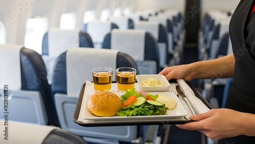 Flight Attendant Serving Meal on Airplane with Salad and Drinks