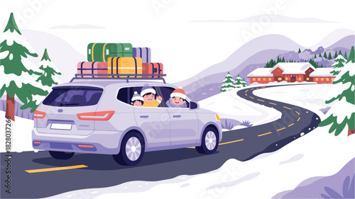 Winter Family Road Trip: Car with Luggage and Children on a Snowy Mountain Road, Illustrated Holiday Vacation Scene