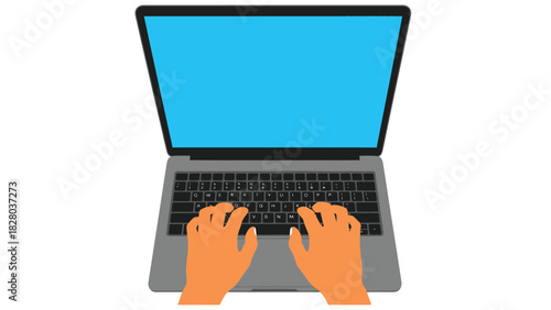 Hands Typing on Laptop Keyboard Vector Illustration with Blue Screen Mockup