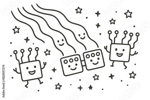 Cheerful Quantum Circuitry. Playful doodle optical computing scene with happy light beams flowing through smiling nanostructures,