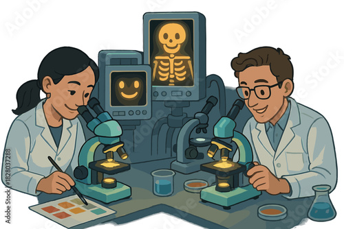 Luminous Lab Exploration. Scientific analysis lab with glowing microscopes, smiling x-ray machines, and conservators studying
