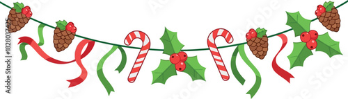 Festive christmas garland with pine cones, candy canes, holly leaves and red berries isolated on