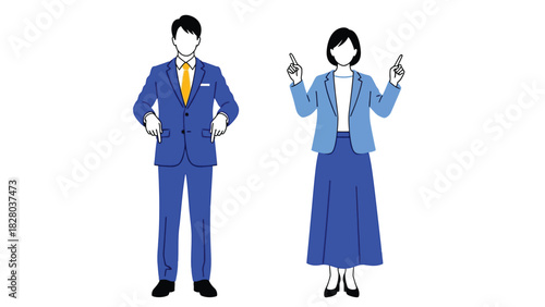 Business Man Pointing Down and Business Woman Pointing Up Vector Illustration