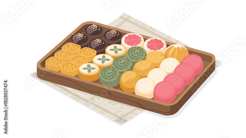 Assorted Korean Rice Cakes (Tteok) on a Wooden Tray: A Colorful and Delicious Collection of Traditional Sweets and Savory Treats