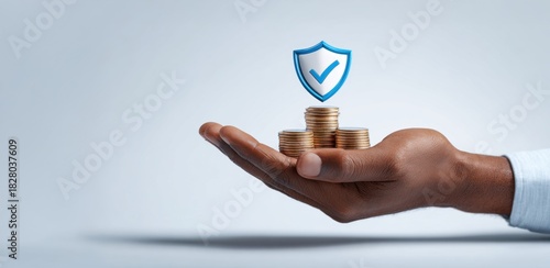 Financial Security Concept with Coins and Shield Icon in an Outstretched