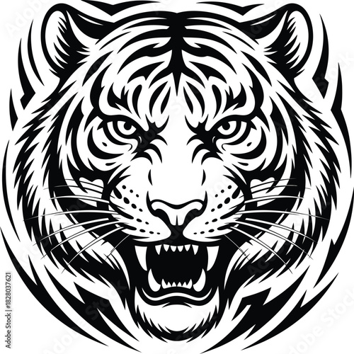 Angry Tiger Head Growling Vector Illustration in Black and White