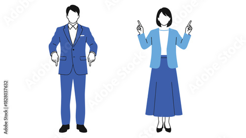 Business people pointing in opposite directions: man pointing down and woman pointing up. Vector illustration.