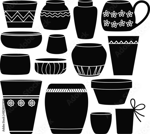 Collection of decorative pottery silhouettes including vases bowls and flower pots vector illustration set isolated on white.