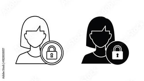 Secure Female User Profile Icon with Padlock - Privacy and Access Control Vector Illustration Set