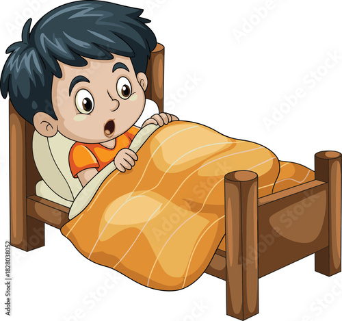 Cute cartoon boy waking up in wooden bed looking surprised and shocked under blanket vector illustration isolated on white.