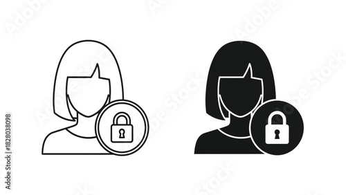 Female User Security Icon Set. Protected Profile Padlock Symbol Vector Illustration.