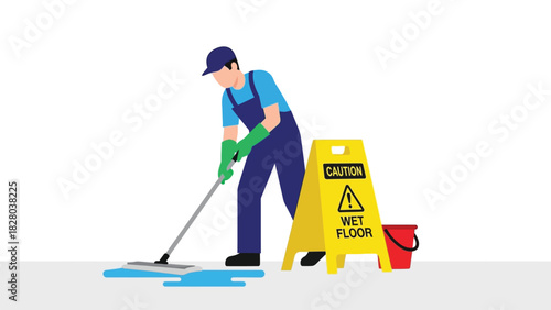 Janitor Mopping Wet Floor with Caution Sign. Professional Cleaning Service Worker and Safety Warning Vector Illustration.