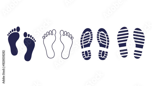 Human Footprints and Shoe Prints Vector Icon Set. Barefoot outlines, solid foot steps, and various boot sole impressions symbol collection.