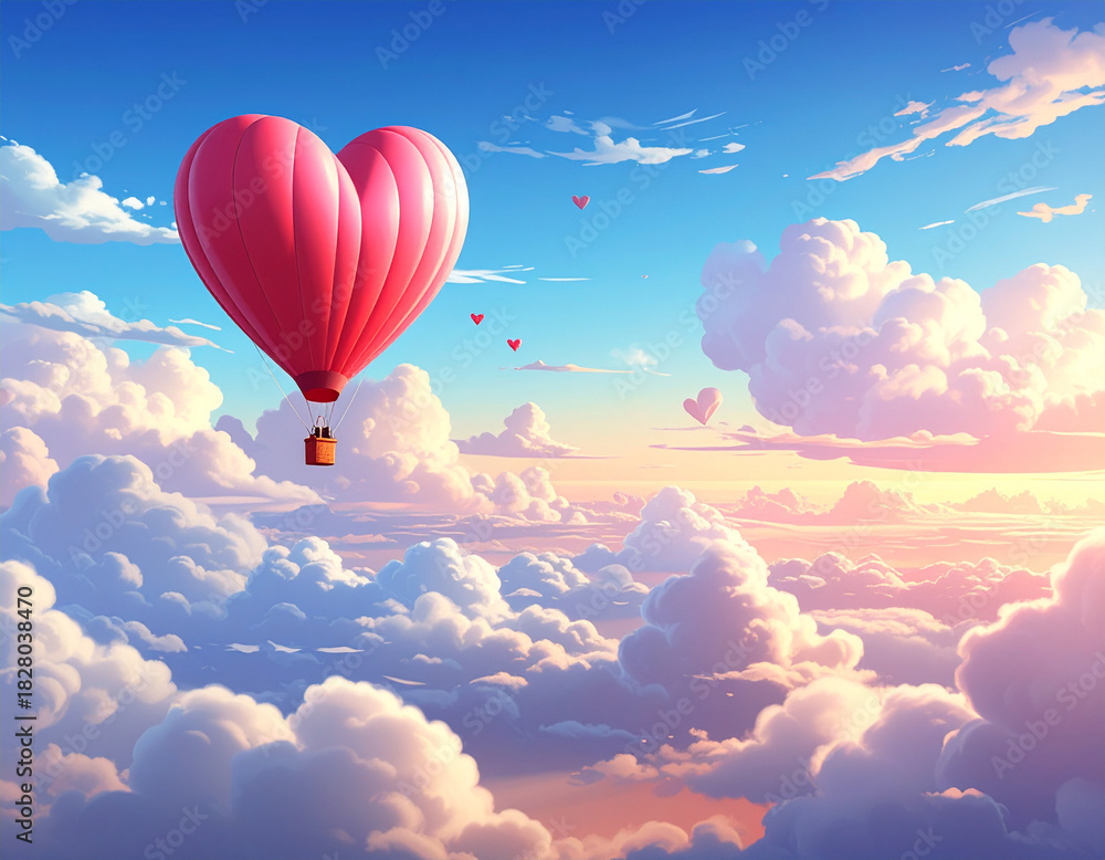 Obraz premium A heart-shaped balloon rises into the sky, carrying wishes and dreams of true love to the clouds.
