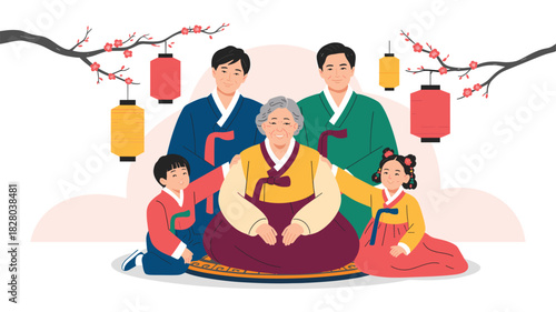 Korean Family Celebrating Seollal New Year in Traditional Hanbok Clothing, with Cherry Blossom Branches and Lanterns in a Festive Setting