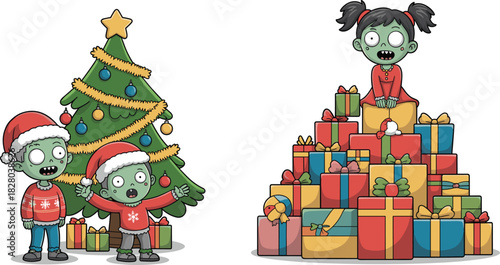 Cute cartoon zombie kids celebrating Christmas with tree and gift pile vector illustration isolated on white.