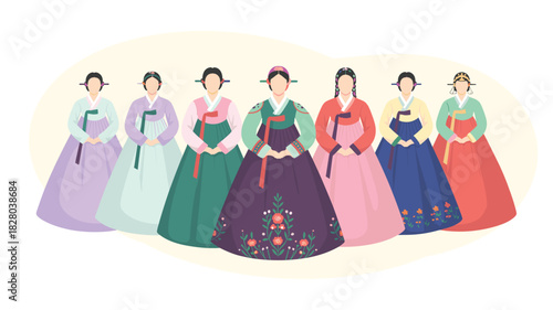 Elegant Hanbok Collection: Diverse Colors of Traditional Korean Dresses, Celebrating Cultural Heritage and Beauty, Featuring Faceless Female Figures in Exquisite Outfits and Hairstyles.
