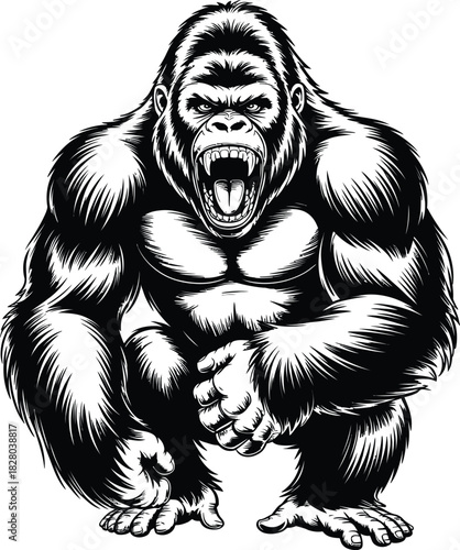 Grinning Gorilla Vector Illustration in Engraving Style