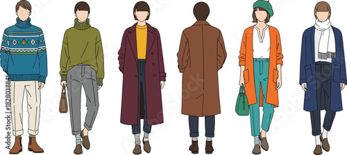 Autumn fashion group illustration, six stylish individuals in seasonal outfits and accessories, casual and semi-formal vector character art