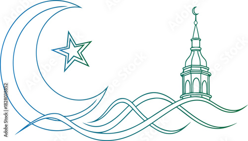 Islamic Mosque Icon with Crescent Moon and Star, Religious Symbol for Ramadan, Eid, and Muslim Culture, Vector Illustration, Suitable for Design Templates and Religious Themes