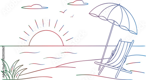 Minimalist continuous line art drawing of a serene beach scene with a sunrise, chair, and umbrella. Abstract vector illustration representing a tropical vacation, a creative template for travel 