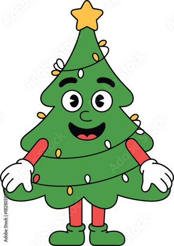 Retro cartoon Christmas tree mascot character with arms and legs smiling happily vector illustration isolated on white.