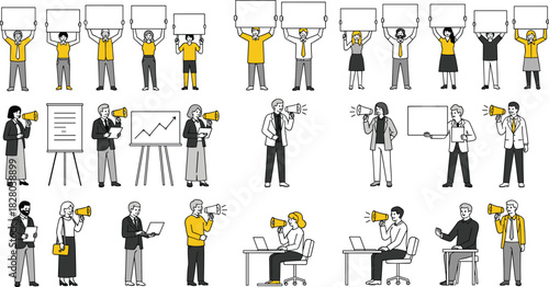Business activity cartoon illustration, professionals with signs, megaphones, charts, laptops, teamwork and communication concept, vector drawing art