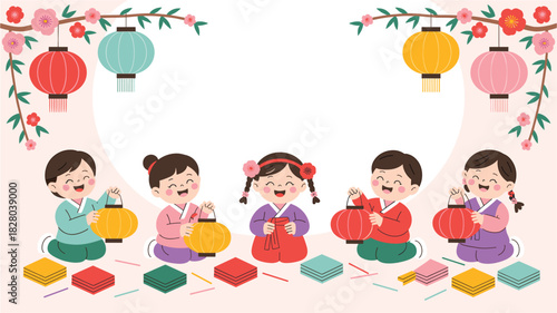 Korean New Year Seollal Illustration: Happy Children in Hanbok with Lanterns and Lucky Bags Celebrate Tradition and Culture